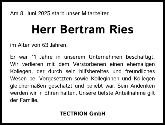 Anzeige von Bertram Ries von Kölner Stadt-Anzeiger / Kölnische Rundschau / Express