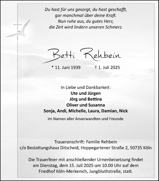 Anzeige von Betti Rehbein von Kölner Stadt-Anzeiger / Kölnische Rundschau / Express