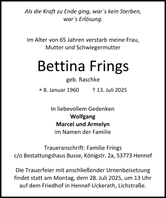 Anzeige von Bettina Frings von  Extra Blatt 