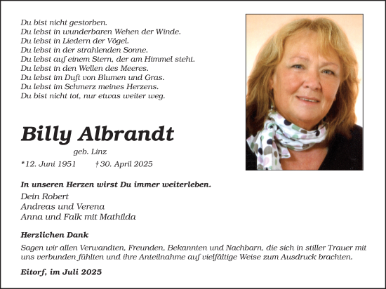Anzeige von Billy Albrandt von Kölner Stadt-Anzeiger / Kölnische Rundschau / Express