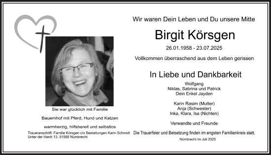 Anzeige von Birgit Körsgen von  Lokalanzeiger 