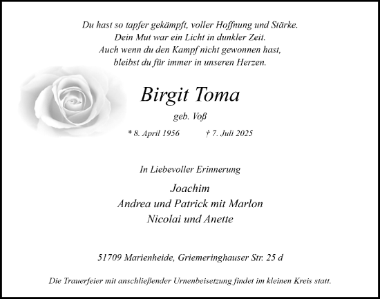 Anzeige von Birgit Toma von  Anzeigen Echo 