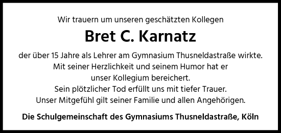 Anzeige von Bret C. Karnatz von Kölner Stadt-Anzeiger / Kölnische Rundschau / Express