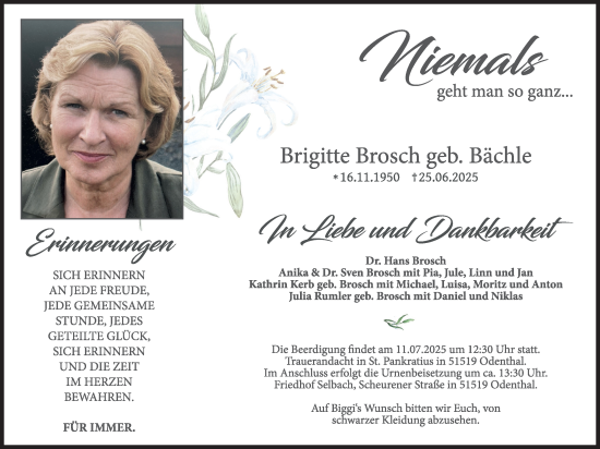 Anzeige von Brigitte Brosch von Kölner Stadt-Anzeiger / Kölnische Rundschau / Express