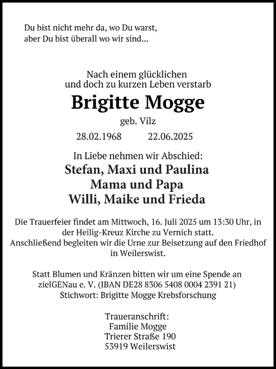 Anzeige von Brigitte Mogge von  Blickpunkt Euskirchen 