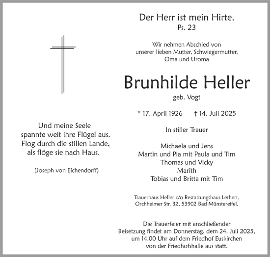 Anzeige von Brunhilde Heller von  Blickpunkt Euskirchen 