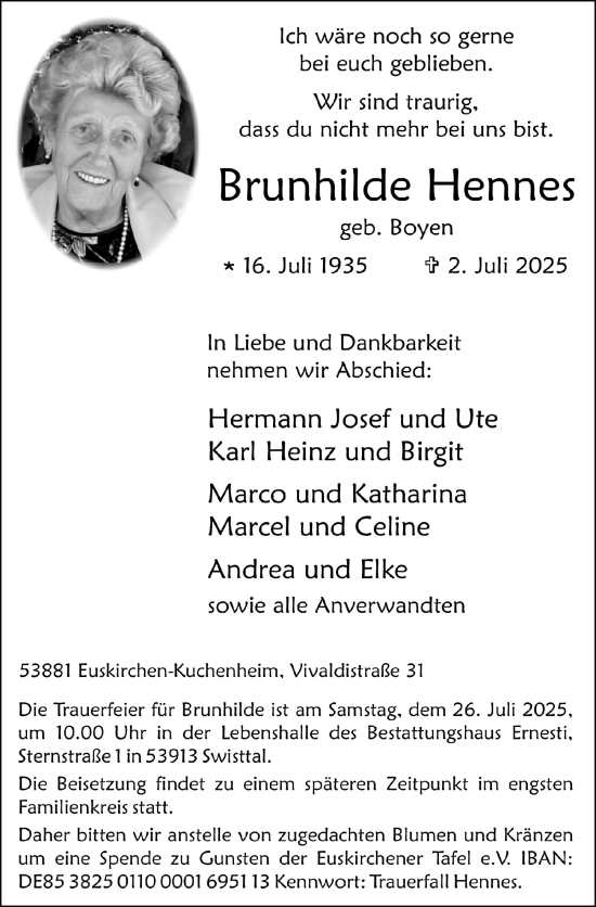 Anzeige von Brunhilde Hennes von  Blickpunkt Euskirchen 