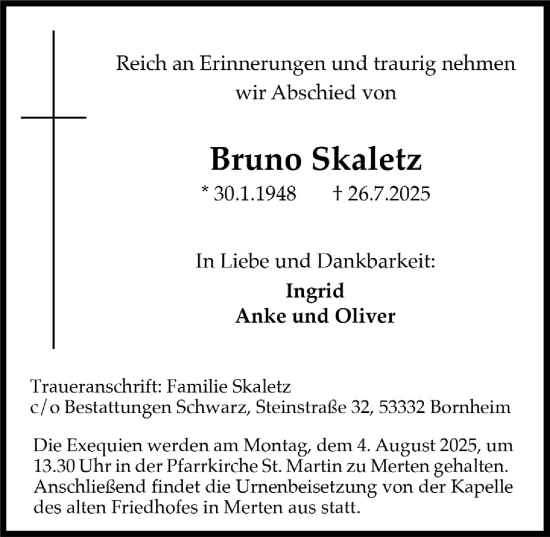Anzeige von Bruno Skaletz von  Schaufenster/Blickpunkt 