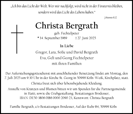 Anzeige von Christa Bergrath von Kölner Stadt-Anzeiger / Kölnische Rundschau / Express