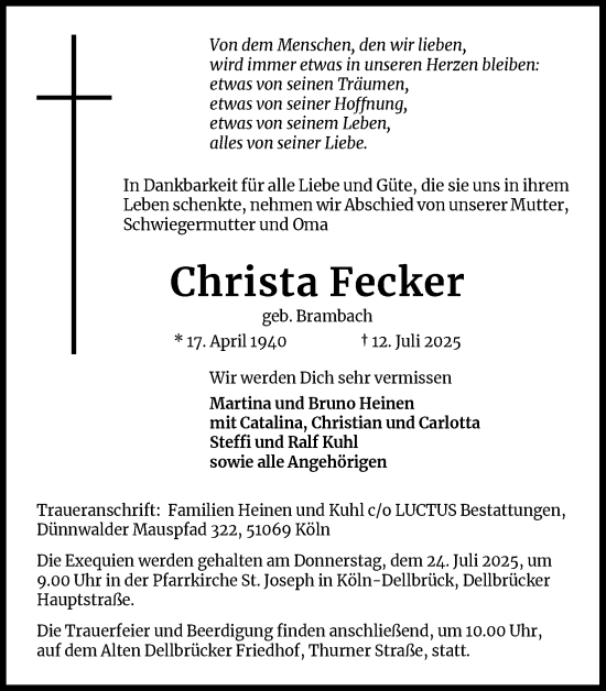 Anzeige von Christa Fecker von Kölner Stadt-Anzeiger / Kölnische Rundschau / Express
