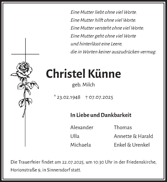 Anzeige von Christel Künne von  Wochenende 