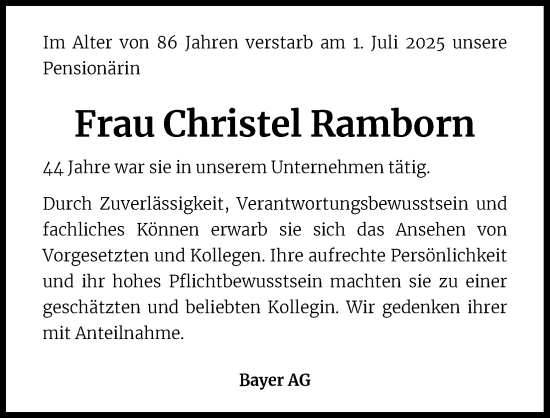 Anzeige von Christel Ramborn von Kölner Stadt-Anzeiger / Kölnische Rundschau / Express