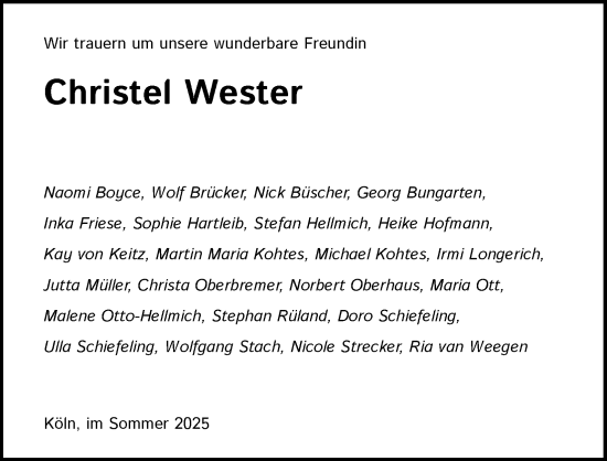 Anzeige von Christel Wester von Kölner Stadt-Anzeiger / Kölnische Rundschau / Express