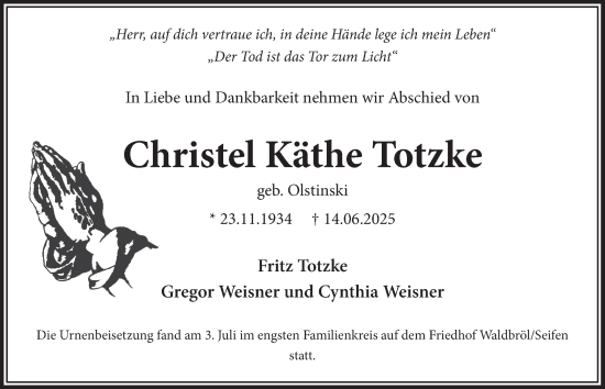 Anzeige von Christel Käthe Totzke von  Lokalanzeiger 