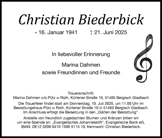 Anzeige von Christian Biederbick von Kölner Stadt-Anzeiger / Kölnische Rundschau / Express