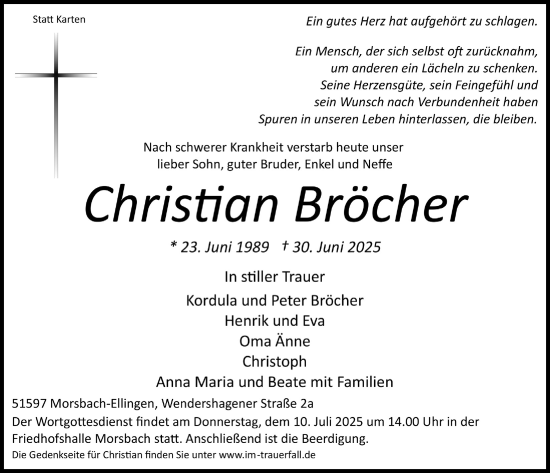 Anzeige von Christian Bröcher von  Lokalanzeiger 