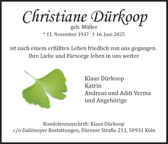 Anzeige von Christiane Dürkoop von Kölner Stadt-Anzeiger / Kölnische Rundschau / Express