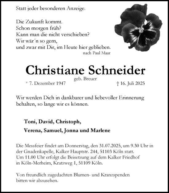 Anzeige von Christiane Schneider von Kölner Stadt-Anzeiger / Kölnische Rundschau / Express