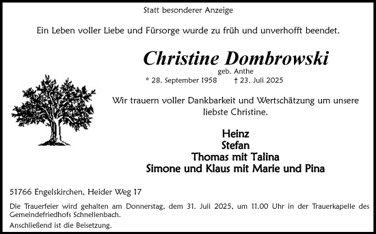 Anzeige von Christine Dombrowski von Kölner Stadt-Anzeiger / Kölnische Rundschau / Express