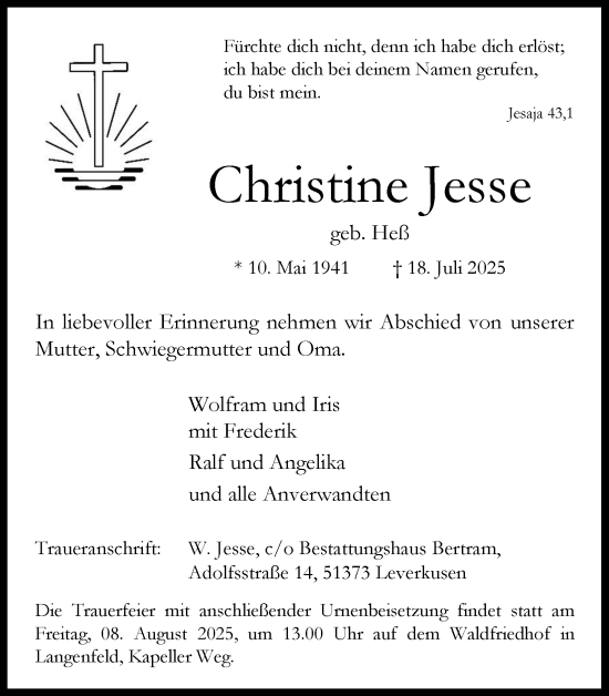Anzeige von Christine Jesse von Kölner Stadt-Anzeiger / Kölnische Rundschau / Express