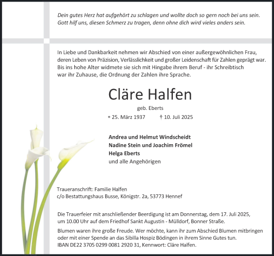 Anzeige von Cläre Halfen von Kölner Stadt-Anzeiger / Kölnische Rundschau / Express
