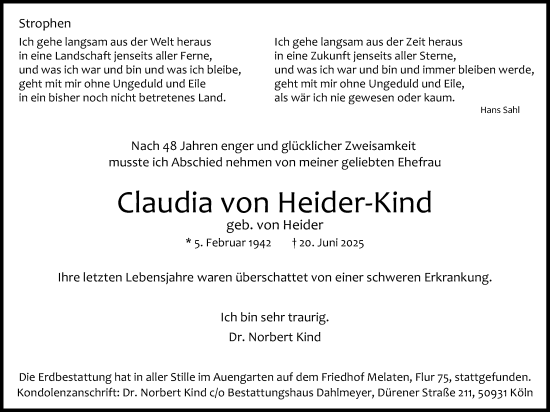 Anzeige von Claudia von Heider-Kind von Kölner Stadt-Anzeiger / Kölnische Rundschau / Express