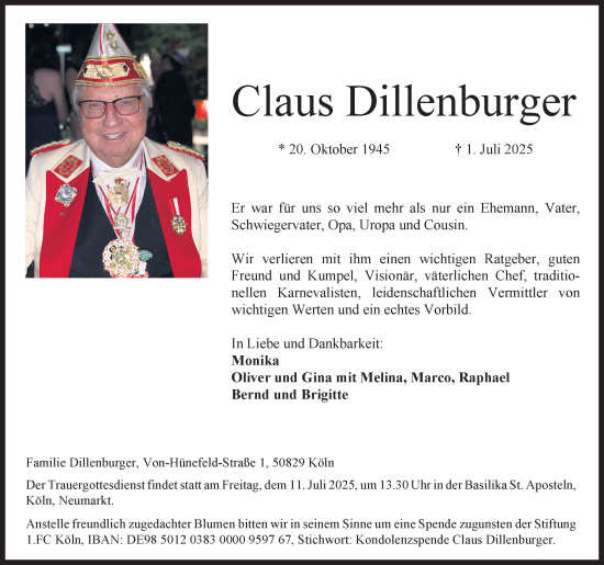 Anzeige von Claus Dillenburger von Kölner Stadt-Anzeiger / Kölnische Rundschau / Express