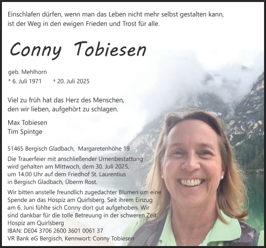 Anzeige von Conny Tobiesen von  Bergisches Handelsblatt 