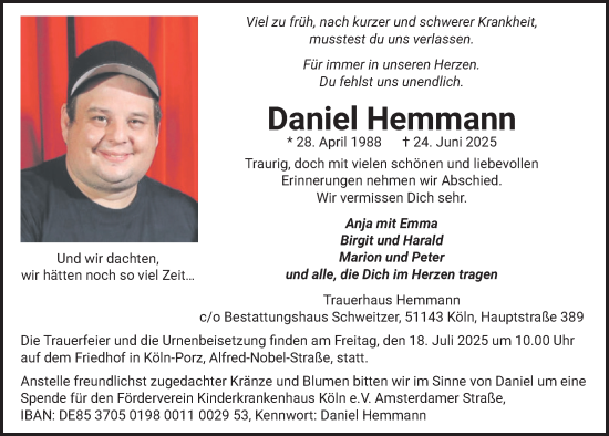 Anzeige von Daniel Hemmann von  EXPRESS - Die Woche 