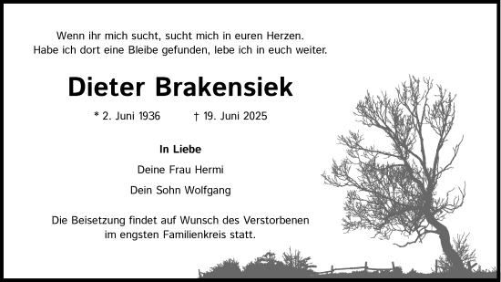 Anzeige von Dieter Brakensiek von Kölner Stadt-Anzeiger / Kölnische Rundschau / Express