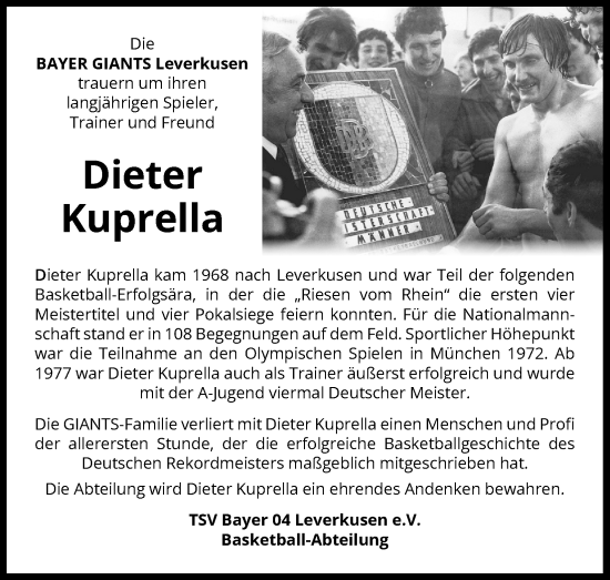 Anzeige von Dieter Kuprella von Kölner Stadt-Anzeiger / Kölnische Rundschau / Express
