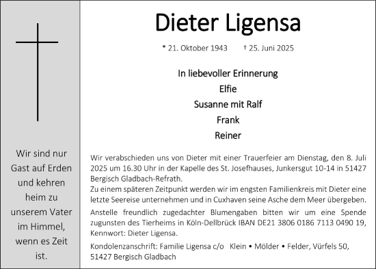 Anzeige von Dieter Ligensa von  Bergisches Handelsblatt 