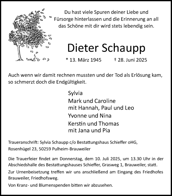Anzeige von Dieter Schaupp von Kölner Stadt-Anzeiger / Kölnische Rundschau / Express
