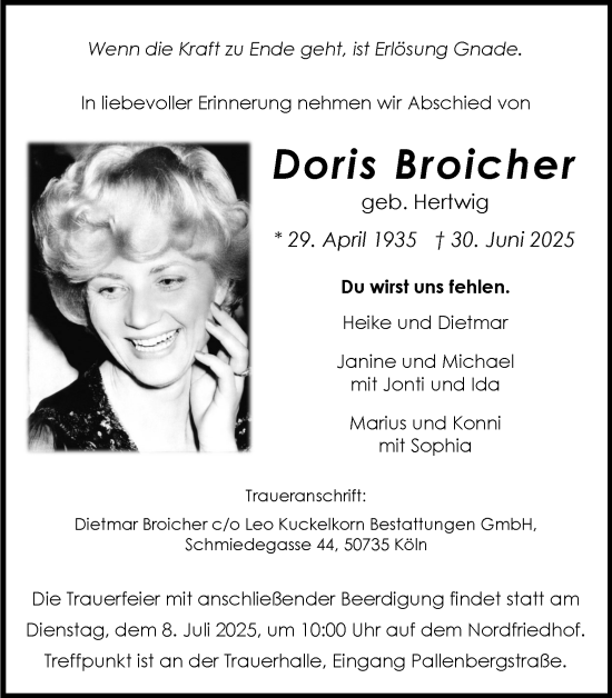 Anzeige von Doris Broicher von Kölner Stadt-Anzeiger / Kölnische Rundschau / Express