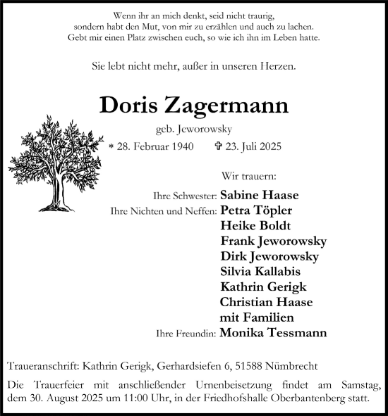 Anzeige von Doris Zagermann von  Anzeigen Echo 
