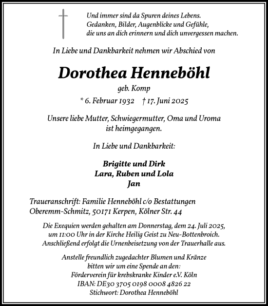 Anzeige von Dorothea Henneböhl von Kölner Stadt-Anzeiger / Kölnische Rundschau / Express