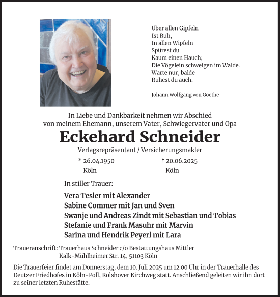 Anzeige von Eckehard Schneider von Kölner Stadt-Anzeiger / Kölnische Rundschau / Express