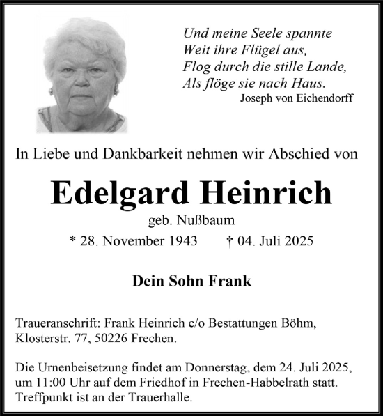 Anzeige von Edelgard Heinrich von  Wochenende 