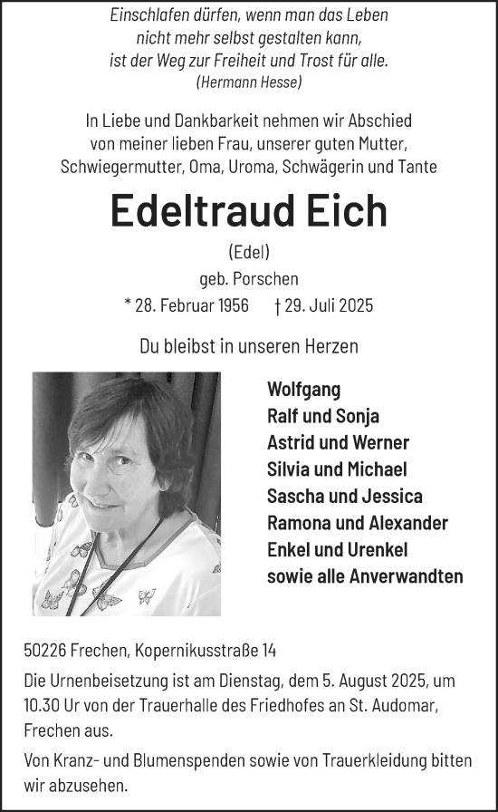 Anzeige von Edeltraud Eich von  Wochenende 