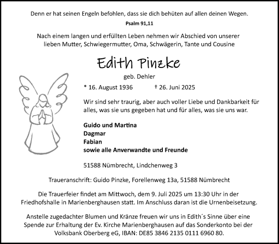 Anzeige von Edith Pinzke von Kölner Stadt-Anzeiger / Kölnische Rundschau / Express