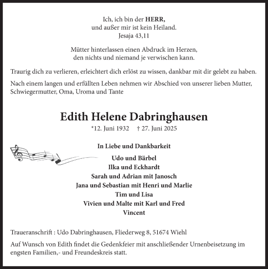 Anzeige von Edith Helene Dabringhausen von  Anzeigen Echo 
