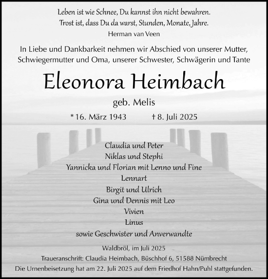 Anzeige von Eleonora Heimbach von  Lokalanzeiger 