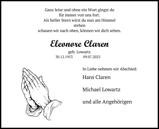 Anzeige von Eleonore Claren von Kölner Stadt-Anzeiger / Kölnische Rundschau / Express