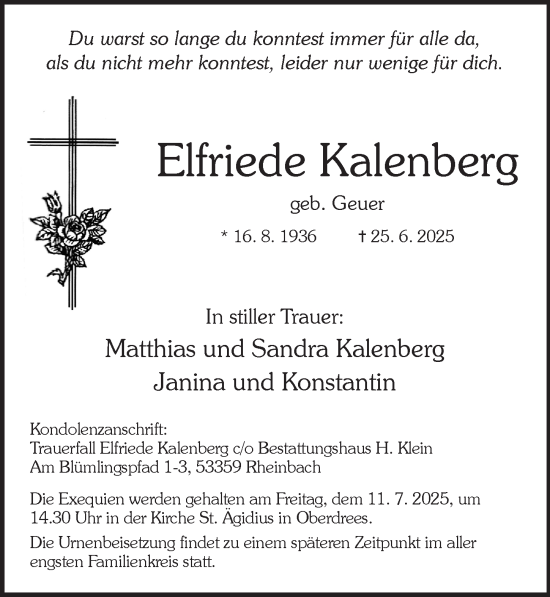 Anzeige von Elfriede Kalenberg von  Schaufenster/Blickpunkt 