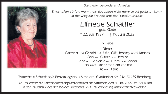 Anzeige von Elfriede Schättler von Kölner Stadt-Anzeiger / Kölnische Rundschau / Express