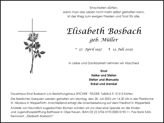 Anzeige von Elisabeth Bosbach von Kölner Stadt-Anzeiger / Kölnische Rundschau / Express