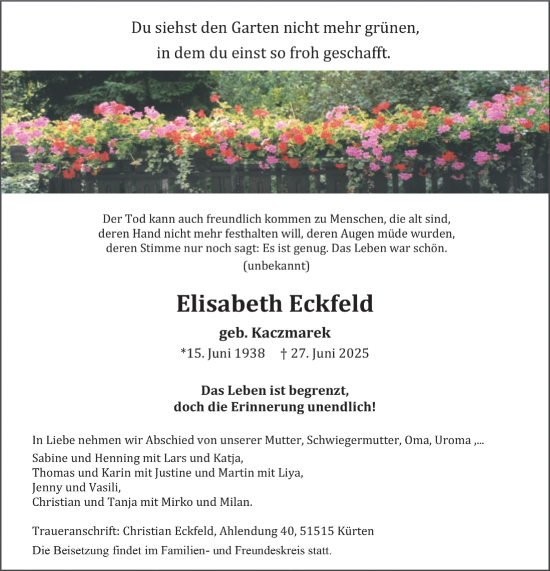 Anzeige von Elisabeth Eckfeld von  Bergisches Handelsblatt 