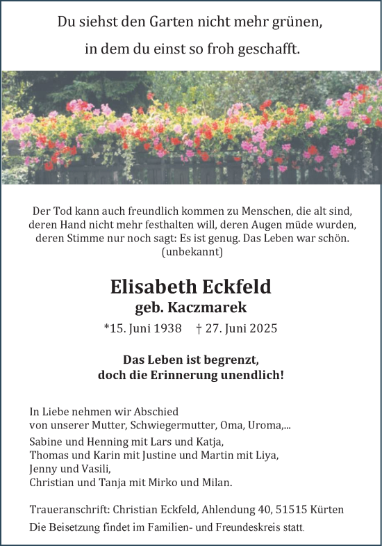 Anzeige von Elisabeth Eckfeld von Kölner Stadt-Anzeiger / Kölnische Rundschau / Express