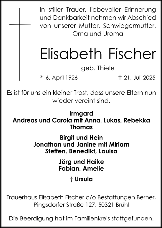 Anzeige von Elisabeth Fischer von  Schlossbote/Werbekurier 