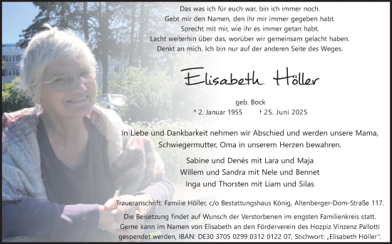 Anzeige von Elisabeth Höller von Kölner Stadt-Anzeiger / Kölnische Rundschau / Express